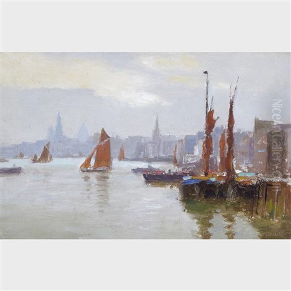 View From The Thames, St. Paul's In The Distance Oil Painting by Frederic Marlett Bell-Smith