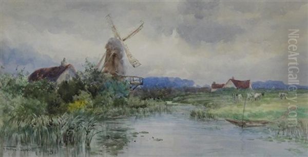 Dutch Countryside With Windmill And Cows Oil Painting by Frederic Marlett Bell-Smith