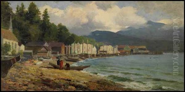 Indian Village, Alert Bay, Bc Oil Painting by Frederic Marlett Bell-Smith