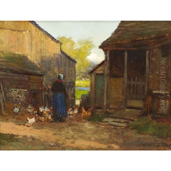 Feeding Chickens Oil Painting by Frederic Marlett Bell-Smith