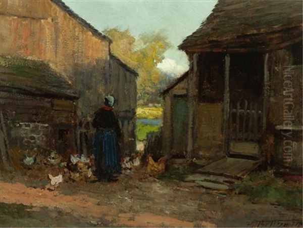 Feeding Chickens Oil Painting by Frederic Marlett Bell-Smith