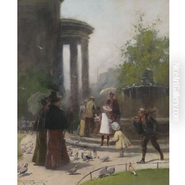 Feeding Pigeons, St. Paul's Church Yard Oil Painting by Frederic Marlett Bell-Smith