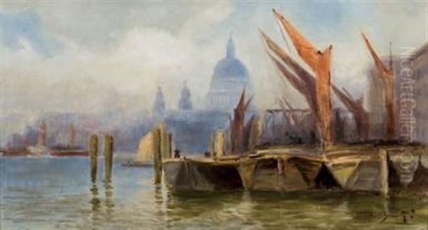 Boats Moored On The Thames, St. Paul's In The Distance by Frederic Marlett Bell-Smith