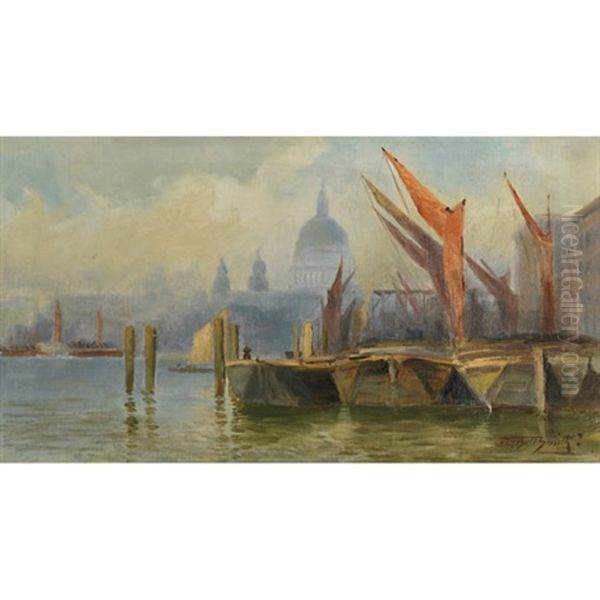 Boats Moored On The Thames, St. Paul's In The Distance Oil Painting by Frederic Marlett Bell-Smith