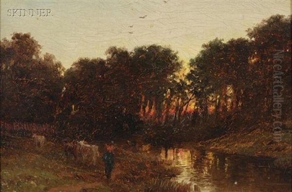 Herder At A Pond At Sunset Oil Painting by Frederic Marlett Bell-Smith