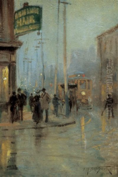 Street Scene With Trolley Car Oil Painting by Frederic Marlett Bell-Smith