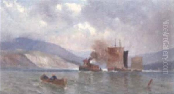 Untitled - Tugboat Nearing The Harbour Oil Painting by Frederic Marlett Bell-Smith