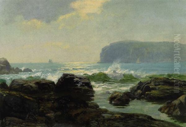 Sailboats Off Rocky Shore Oil Painting by Frederic Marlett Bell-Smith