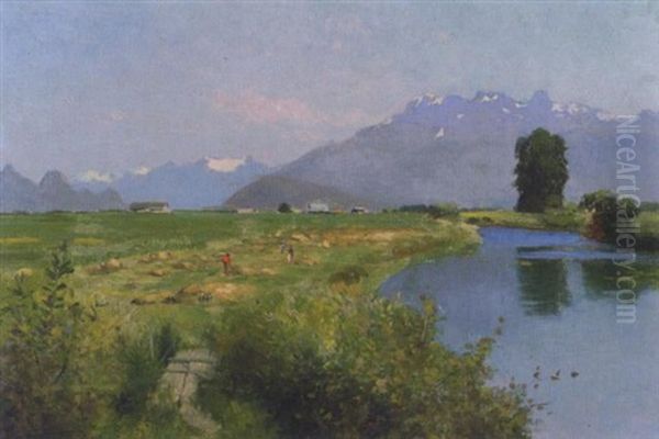 Farmers Haying In The Fraser Valley Oil Painting by Frederic Marlett Bell-Smith