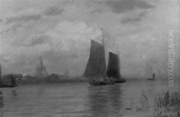 Dutch Sailboats On A River Oil Painting by Frederic Marlett Bell-Smith