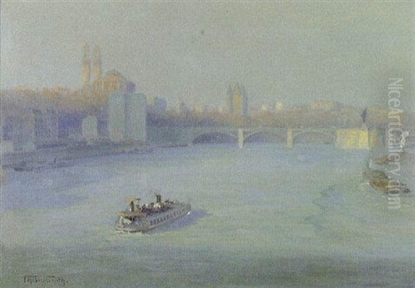 Barges On A Sunlit River Oil Painting by Frederic Marlett Bell-Smith