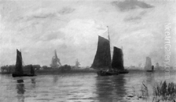 Dutch Sailboats On A River Oil Painting by Frederic Marlett Bell-Smith