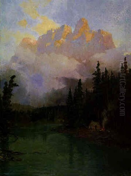 Morning Campfire Below Castle Mountain Oil Painting by Frederic Marlett Bell-Smith