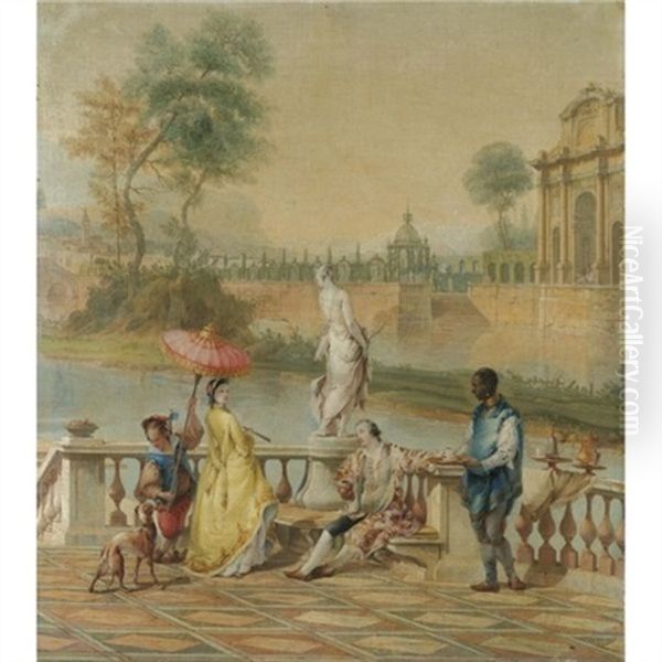 An Elegant Company On A Classical Terrace, A View Of A Church And A Cemetery Beyond Oil Painting by Antonio Bellucci