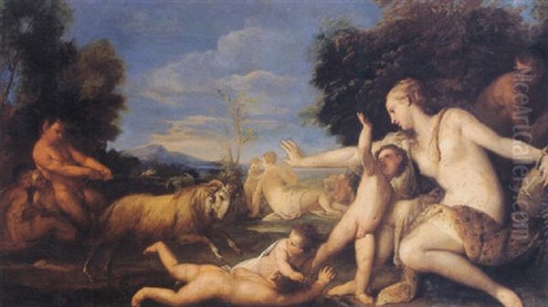 A Nymph With Putti And Satyrs Oil Painting by Antonio Bellucci