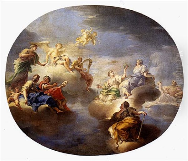 Apollo Accompanied By The Muses Urania, Thalia, Terpsichore, Erato And Calliope Oil Painting by Antonio Bellucci