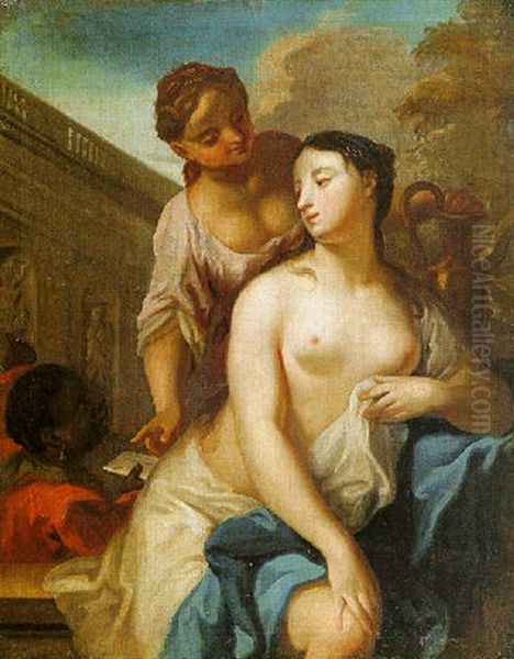 Betsabea Al Bagno, Con Un'ancella, Mentre Riceve Da Un Paggio Moro La Lettera Di Re David Oil Painting by Antonio Bellucci