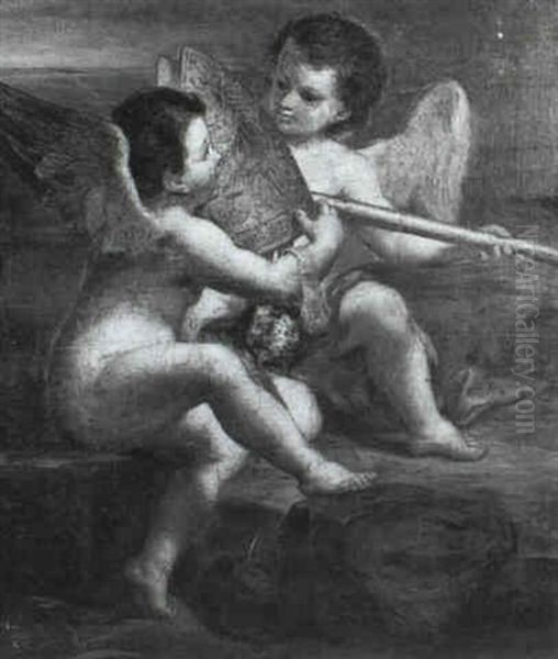 Two Putti In A Landscape Holding A Bishop's Mitre And A     Lance by Antonio Bellucci