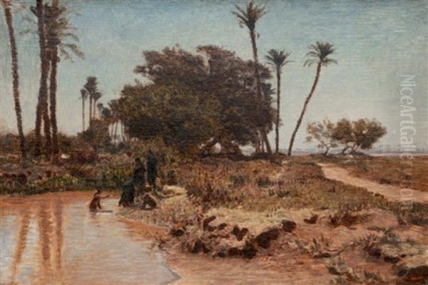 Bain Dans L'oasis. Gizeh Oil Painting by Leon Adolphe Auguste Belly