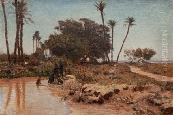 Bain Dans L'oasis. Gizeh Oil Painting by Leon Adolphe Auguste Belly