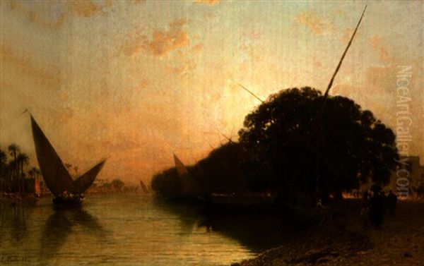 Canal De Mahmoudieh A Alexandre Le Soir, Egypte Oil Painting by Leon Adolphe Auguste Belly