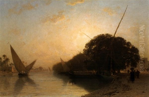 Canal De Mahmoudieh A Alexandrie Le Soir, Egypte Oil Painting by Leon Adolphe Auguste Belly