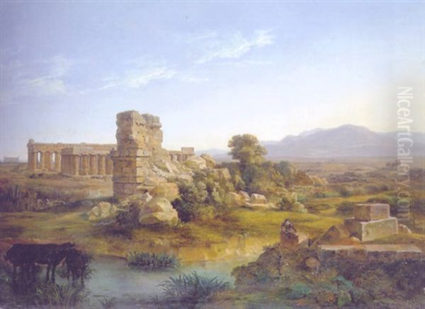 The Ruins Of Paestum, Sicily Oil Painting by Louis Josephine S. de Belmont