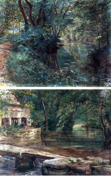 River Landscape; River Landscape With Washerwoman (pair) Oil Painting by Jose Belon