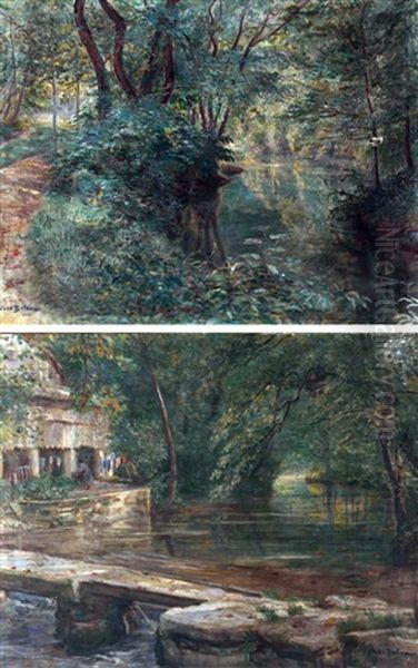 River Landscape; River Landscape With Washerwoman (pair) Oil Painting by Jose Belon