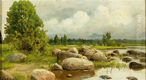 Blick Uber Ein Mit Grosen Findlingen Belegtes Flussufer In Eine Weite Russische Landschaft Vor Dramatischer Wolkenstimmung Oil Painting by Fedor Vasilevich Belousov