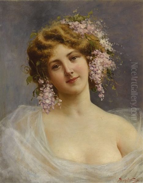 Girl With Lilacs Oil Painting by Achille Beltrame