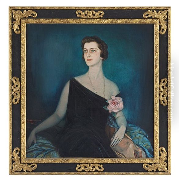 Portrait Of A Woman In A Black Evening Dress With A Pink Rose Oil Painting by Federico Beltran Masses