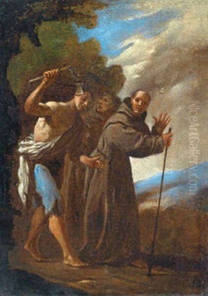 Zwei Monche Von Einem Mann Mit Einer Geisel Verfolgt - Due Monaci Inseguiti Da Un Malvivente Armato Di Flagello Oil Painting by Agostino Beltrano