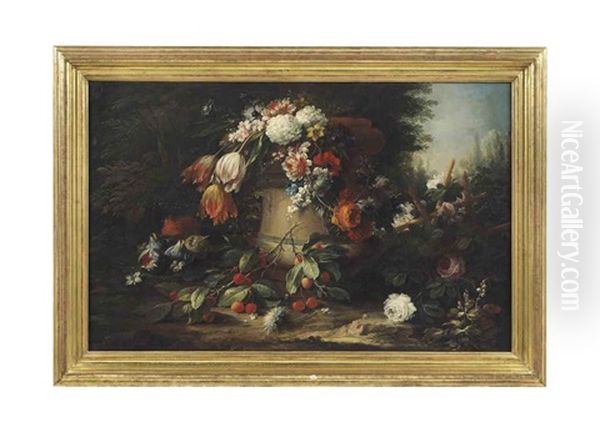 Flowers In A Stone Urn On A Garden Floor Oil Painting by Andrea Belvedere