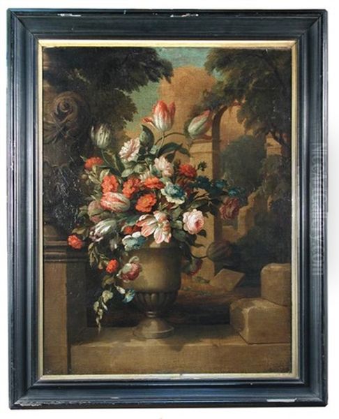 Still Life Of Pink And Red Tulips, Roses And Ranunculus In An Urn On A Stone Wall Oil Painting by Andrea Belvedere