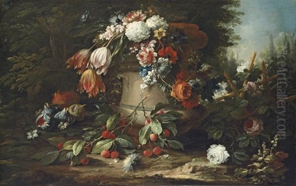 Roses, Tulips, Carnations And Other Flowers In A Stone Urn Oil Painting by Andrea Belvedere