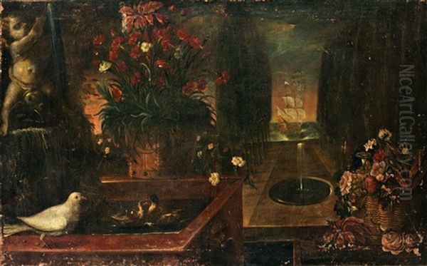 Stilleben Med Blommor Och Faglar Vid En Fontan Oil Painting by Andrea Belvedere