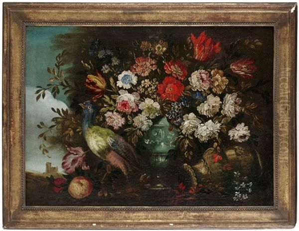 Stilleben Med Blommor Och Pafagel Oil Painting by Andrea Belvedere