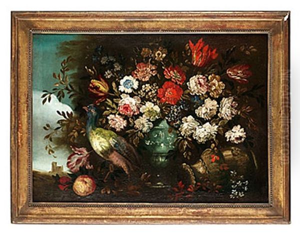 Stilleben Med Blommor, Urnor Och Fagel Oil Painting by Andrea Belvedere