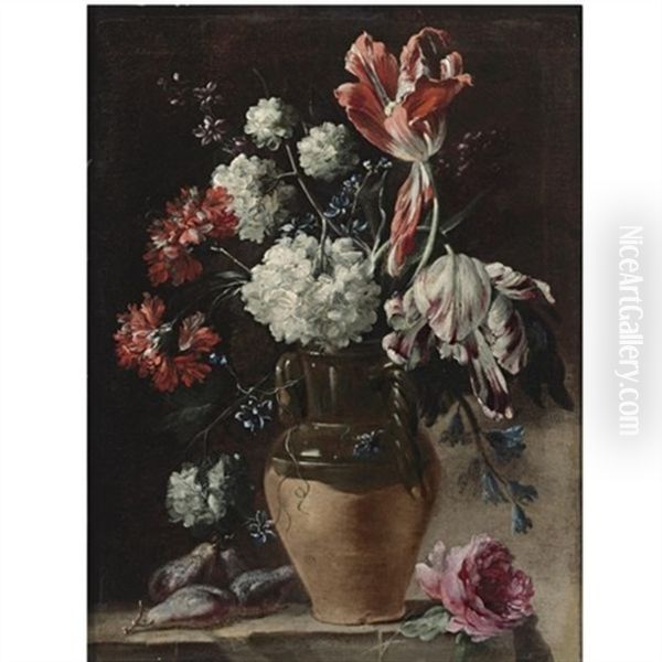 Still Life With Tulips, Carnations And Other Flowers In A Ceramic Vase, A Bunch Of Figs, And A Rose, All Resting On A Stone Ledge Oil Painting by Andrea Belvedere