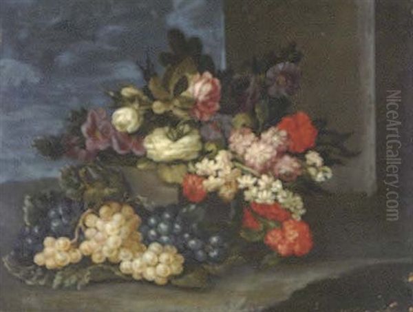 Roses And Other Flowers On A Step With Grapes On The Ground Nearby Oil Painting by Andrea Belvedere