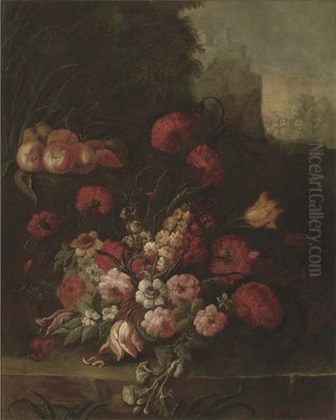 Morning Glory, Chrysanthemums, Roses, Parrot Tulips, Narcissi And Other Flowers With Peaches On A Ledge In A Landscape by Andrea Belvedere