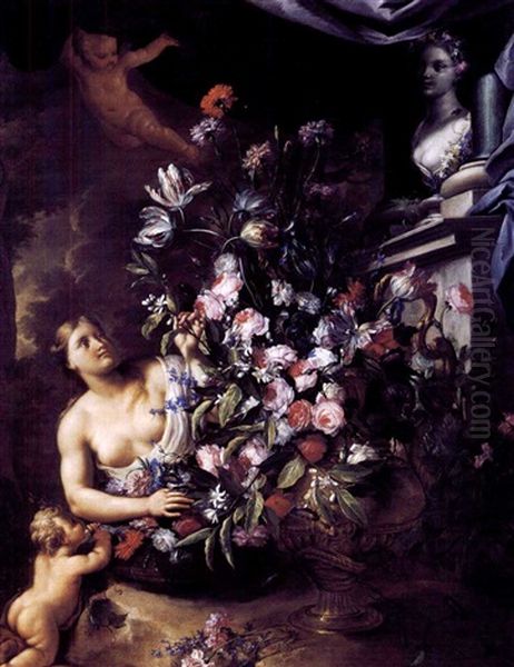 Ninfa E Putti Che Sistemano Fiori Davanti A Un'urna (collab. W/nicola Vaccaro) Oil Painting by Andrea Belvedere