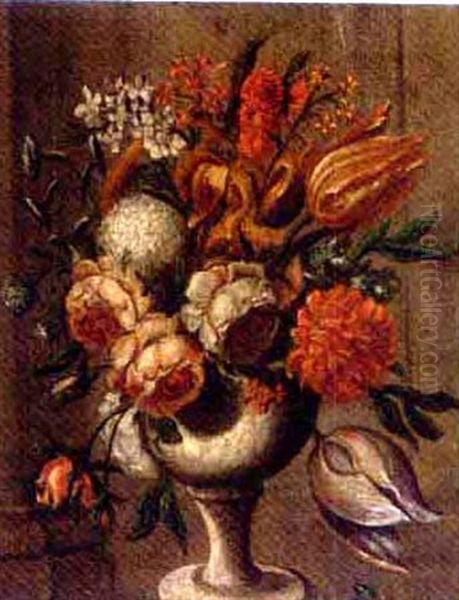 Roses, Tulips And Other Flowers In An Urn Oil Painting by Andrea Belvedere