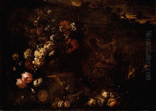 Still Life Of Flowers In A Sculpted Vase, Together With A Large Gilt Ewer, Carved Stone Reliefs And Fruit, Set Within A Landscape by Andrea Belvedere