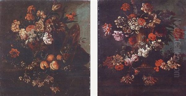 Vase De Fleurs: Chevrefeuilles, Tulipes, Oeillets, Oeillets D'inde...poses Sur Un Entablement Et Voisinant Avec Des Peches Et Raisins Blancs Oil Painting by Andrea Belvedere