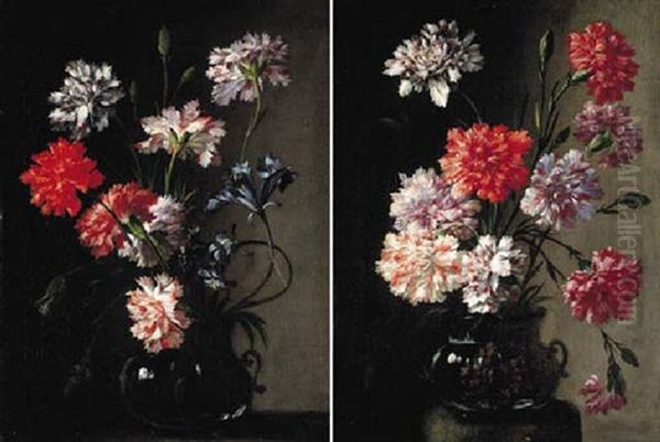 Carnations And Irirses In A Glass Vase On A Stone Plinth Oil Painting by Andrea Belvedere