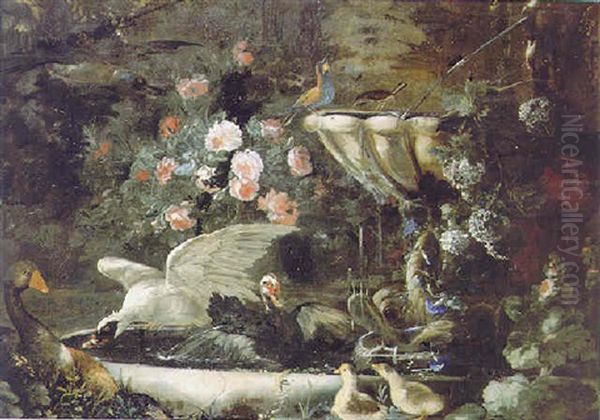 An Ornamental Garden With Muscovy Ducks And Other Wildfowl Bathing In A Stone Fountain Amid Roses And Other Flowers Oil Painting by Andrea Belvedere