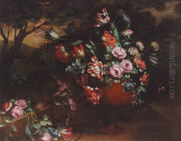 Flowers In An Urn In A Landscape Oil Painting by Andrea Belvedere