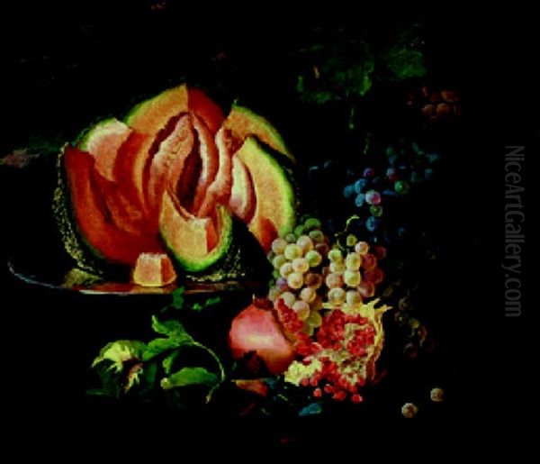 Fruchtestilleben Mit Aufgeschnittener Melone, Weisen Und Blauen Trauben, Granatapfeln Und Feigen Oil Painting by Andrea Belvedere